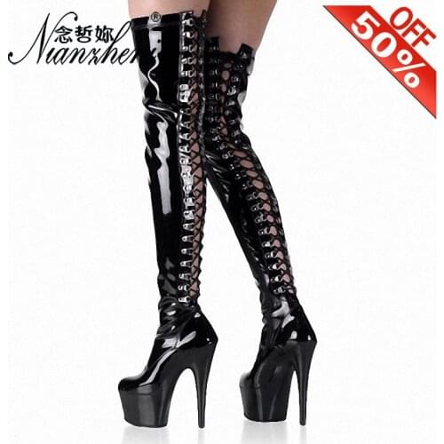 15CM High Heel Boots Over The Knee Boots Lace Up Black Gothic Roman Punk Long Boots 6 Inch Luxury Shoes Women Design Stage Show