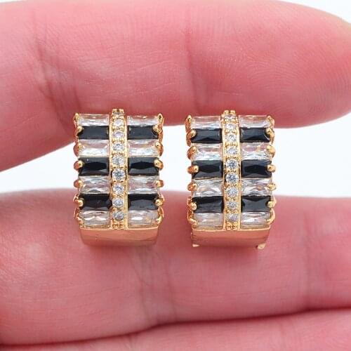Gold Color Women Luxury White Black Cubic Zirconia CZ Huggie Hoop Earrings Jewelry