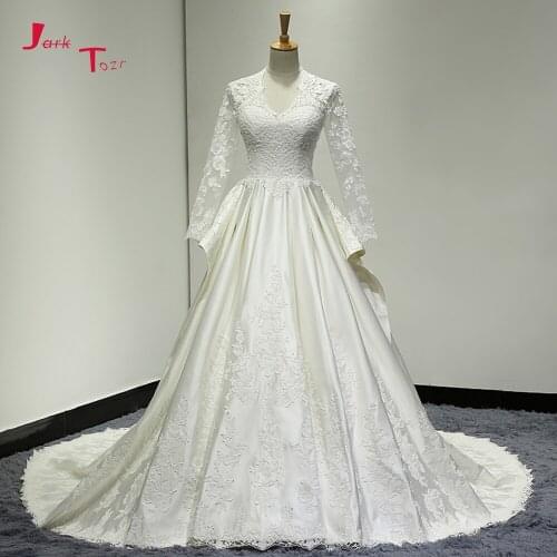 Long Sleeve A-line Wedding Dresses Ivory Satin Robe de Mariage Bridal Dress Appliques Vestido de Noiva Vintage Suknia Slubna