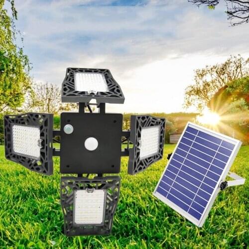 Led Solar Power Outdoor Flood Light 80LED PIR Motion Sensor Led Wall Garden Lamp Waterproof IP65 Four-Head 3 Modes
