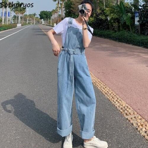 Women Denim Jumpsuits Solid Vintage Temperament Wide Leg Casual Overalls Lace-up High Waist Elegant All-match Kawaii Students