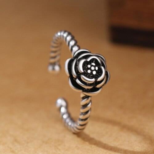 Sole Memory Retro Black Rose Creative Art 925 Sterling Silver Female Resizable Opening Rings SRI309