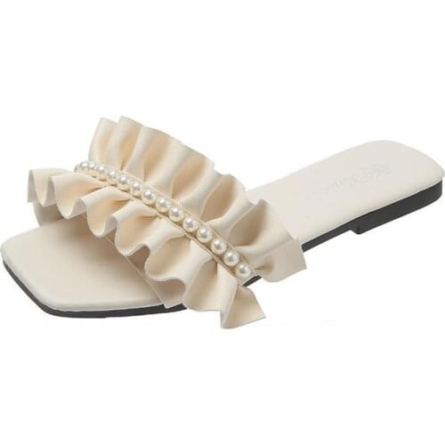 2021 Summer New Sandals and Slippers Womens Outer Wear Beach Vacation Flat-bottomed Soft Girl Pearl Flip-flop Ins Tide