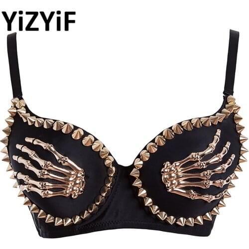 Women Steampunk Cup Goth Punk Metallic Rivets Skull Skeleton Claws Party Rave Sport Bra Tops Nightclub Corset Bustiers