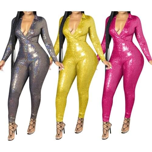 IMCUTE Temperament Bright Silk Jumpsuit Womens Sexy Lapel Deep V Long Sleeve Tights High Street Fashion Workwear Y2K Jumpsuit