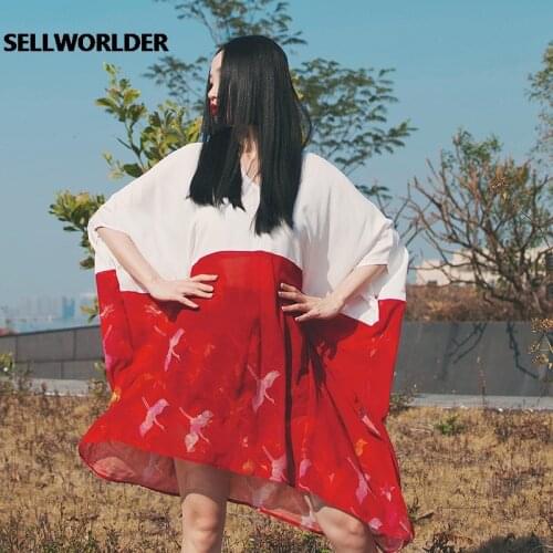 2021 Woman Japanese Kimono Style Perspective Splicing dress Loose Crane print dress