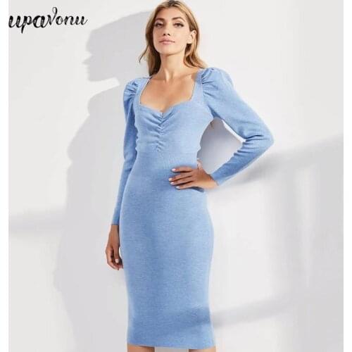 Free Shipping High Quality V-neck Bubble Long Sleeve Dress Elegant Bodycon Stretch Mid-length Dress Celebrity Club Banquet Dress