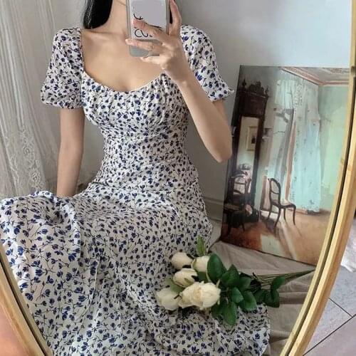 Summer Midi Dress Women Puff Sleeve Vintage Floral Print Split white Sundress Elegant Party Beach Ladies Dress Chic 2021