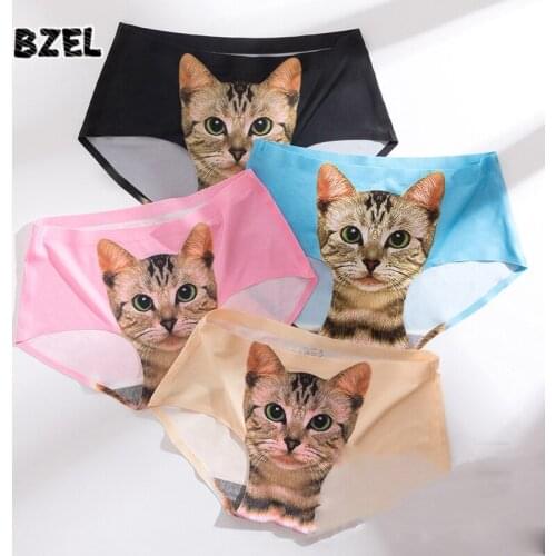 BZEL Hot Sexy Womens Cartoon Ice Silk Print Cat Head Panties Mid-Waist Seamless Comfort Breathable Briefs Soft Lady Lingerie
