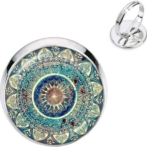 Charm Mandala Art Picture Rings Henna Yoga Om Symbol Zen Buddhism Glass Cabochon Dome Adjustable Rings For Women Girls Gift