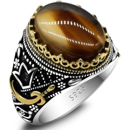 Brown Classic Punk Mens Natural Marine Agate Ring 925 Sterling Silver Zircon Dagger Turkish Ring Mens Husband Jewelry Gift