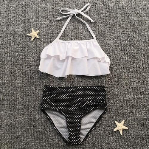 High Waist Girl Bikini Polka Dot Girl Swimsuit Kids Swimwear Falbala Teenager Girl Swimming Bathing Suit White Children Swimwear