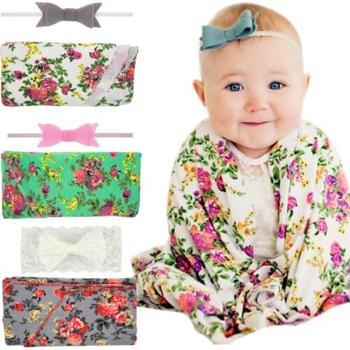 Fashion Newborn Swaddle Blanket High Quality Baby Print Sleeping Bag Swaddle Wrap and Bowknot Headband Set Photo Props