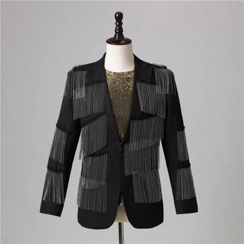 Men Blazer Luxurious Black Singer Performance Costume Tassel V-neck Slim Nightclub Bar Dance Jacket Wedding Dress