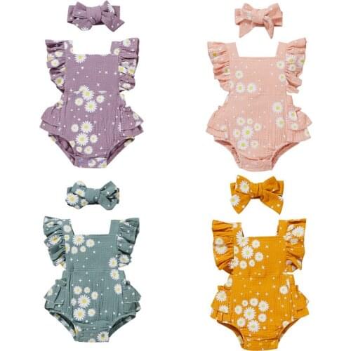 0-24M Summer Newborn Baby Girls Flowers Print Ruffles Sleeveless Romper Jumpsuits Headband 2pcs Cute Infant Casual Clothing