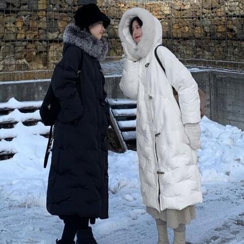 JuneLove Women Winter Coat Fashion Natural Fur Collar Winter 90% White Duck Down Jackets Female Thick Warm Long Overcoat Outwear