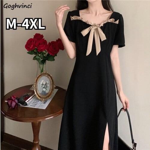Dress Women Bow Patchwork Tender Ladies Elegant Girl Classy Side-slit A-line Vintage High Waist Slim Oversize M-4XL Fashion New
