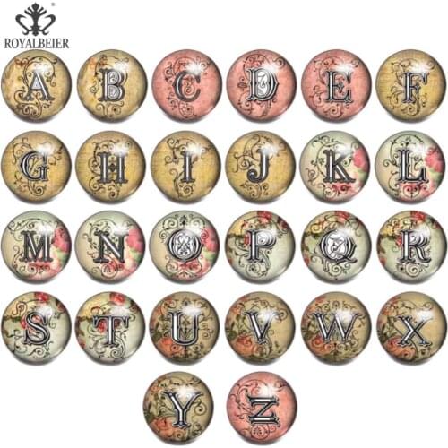 ROYALBEIER 26pcs/lot High Quality A-Z Letters Alphabet Snap Jewelry 18/20mm Glass Snap Button Fit Snap Bracelet Mixed Wholesale