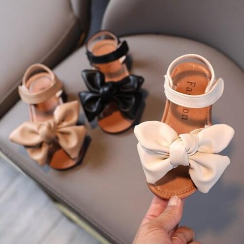 JY Children Girls Princess Bowknot Shoes Flat Casual PU Sandals 23-34 Black Beige Apricot TB02