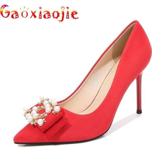 Diamond Fashion Vintage Women Pumps Lovely Pearl Metal Buckle Flock Stiletto Shoes 9.5CM Bow Sharp End Elegant Party High Heels