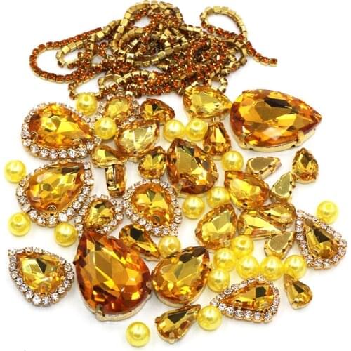 Wedding Decoration gold base golden yellow Mixsize Glass Crystal Stones Pearl Beads Cup Chain Rim Rhinestones Sew On Clothing