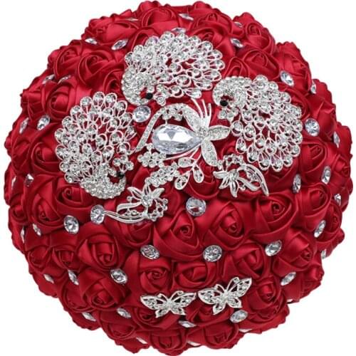 Handmade Wedding Bouquet Blue and White Flowers Bride Pearl Rhinestone Silk Rose Wedding Bouquet Party Church Decoration W290