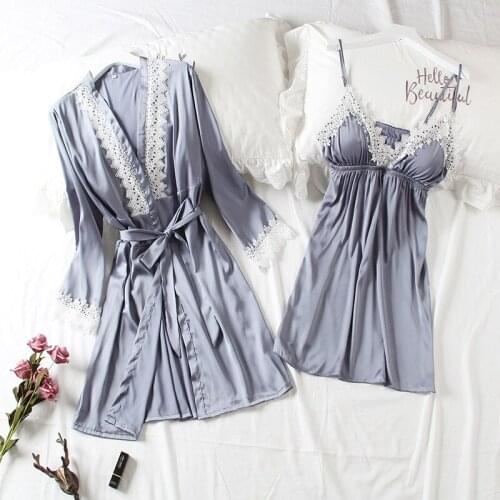 Womens pajamas sexy nightgown nightdress two-piece sexy silk chest pad strap nightdress home service sleepwear