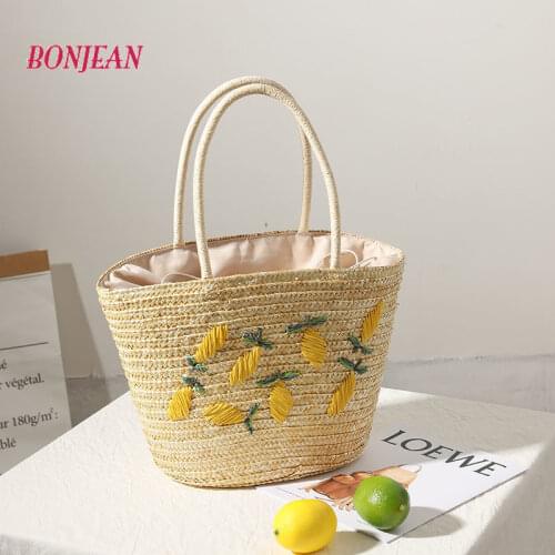 Female Weave Tote Bag Lemon Fashion Summer Beach Womens Design Handbag Small Saddle Bag Casual Straw Beach Travel Bag 2021 ins