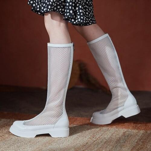 QZYERAI Summer European Genuine Leather Womens Boots Knee-high Boots Grid Sexy 100% Cowhide Boots Womens Shoes