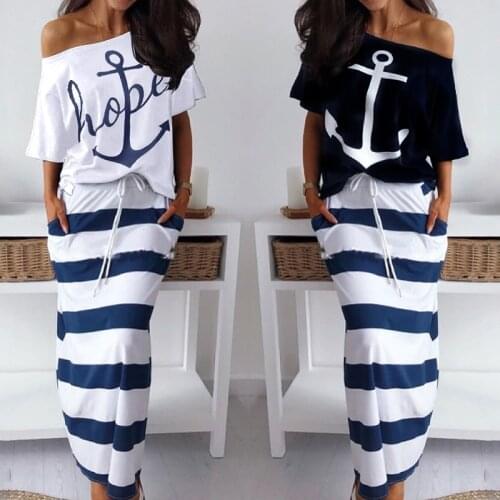 Women Skirt Two Piece Sets Boat Anchor Off Shoulder Tops + Print Stripe Dress Summer Fashion Casual T-Shirt Beach Long Dress