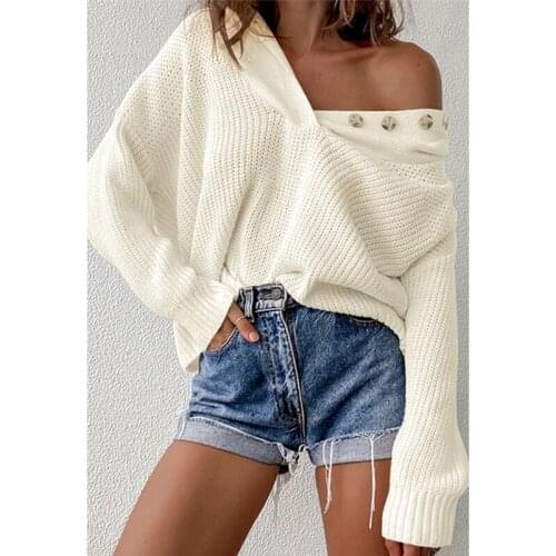 Women Sweaters Fashion Spring Fall Long Sleeve Off Shulder Buttons Knitting Tops Ladies Female Solid Color Loose Pullovers 2021
