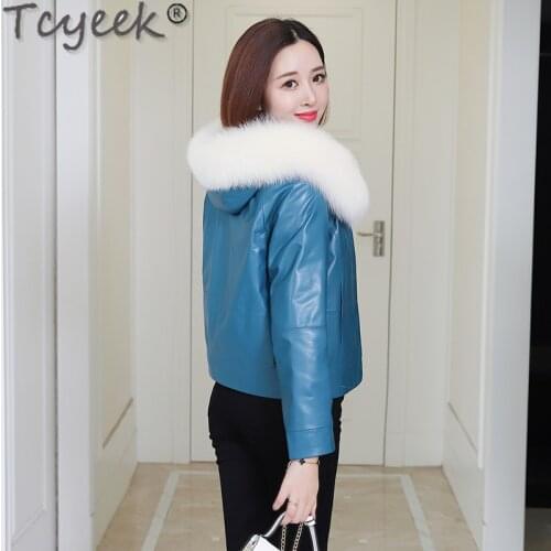Genuine 200% Leather Duck Down Jacket Woman Real Fox Fur Hooded Womens Winter Sheepskin Coat Female Natural Leather coat