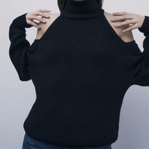 ZXQJ Women 2020 Fashion Turtleneck Off Shoulder Sweater Lady Chic Long Sleeve Casual Slim Knitting Pullovers Tops