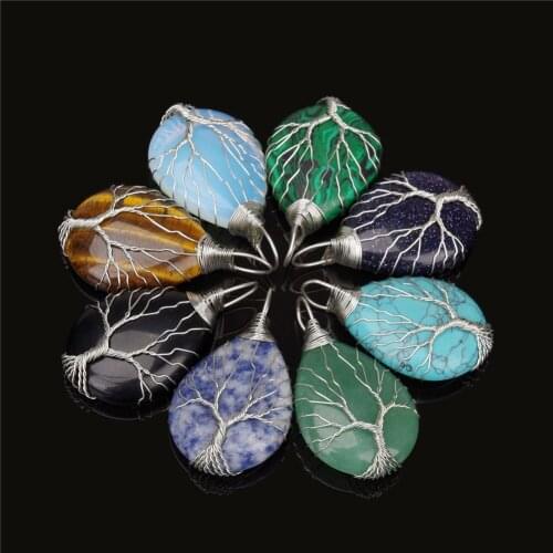 6pcs Water Drop Wire Winding Pendant Necklaces Natural Stone Opal Malachite Crystal Quartz Pendants Life of Tree Chakra Amulet