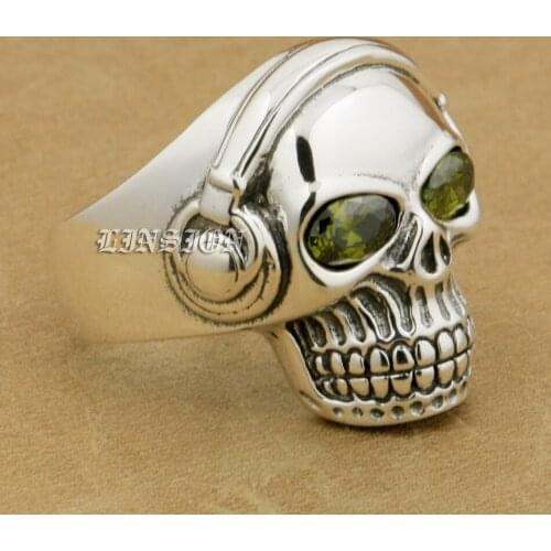925 Sterling Silver Green CZ Eyes DJ Skull Studio Music Headphone Mens Boys Biker Rock Punk Ring 8Y311 US Size 7 to 15