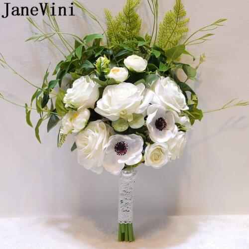JaneVini bridemaids accessoirs White Bridal Bouquet Artificial Rose Flower Bouquet Green Eucalyptus Bride Wedding Bouquets 2019