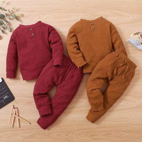 OPPERIAYA Kids Spring Autumn Tracksuit Solid Color Ribbed Henley-Neck Long Sleeve Top Tied Waist Pants Baby Girls Boys 1-5 Years