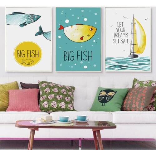 Elegant Poetry Fish and Boat Cartoon Decoration Art Canvas Painting Art Print Poster Picture Paintings Home Bedroom Wall Decor