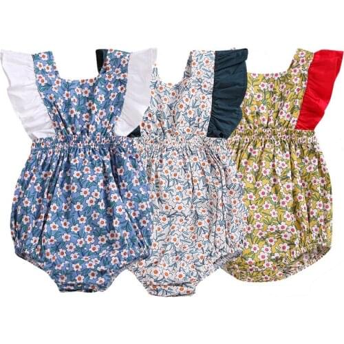 Baby Girls Sleeveless Full Small Flowers Print Color Patchwork 100% Cotton Rompers Baby Girls Fashion Summer Rompers