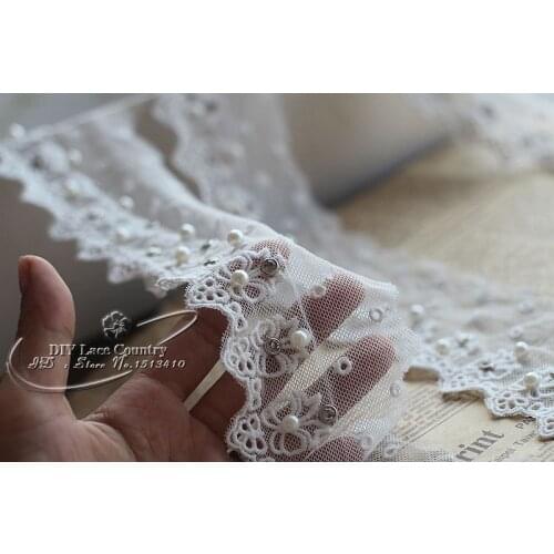 Width7cm, 2 yds / lot cotton lace embroidery tulle sewn beads and rhinestones handmade Lace Ribbon