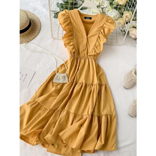 2020 V Neck Ruffles Summer Dress Party Tank Sundress Women Casual A-Line Beach Holiday Dresses Elegant Knee-Length Vestidos