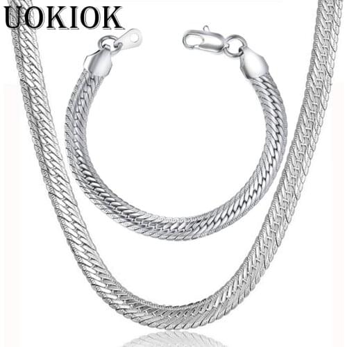 8mm Hip Hop Gold Silver Color Copper Flat Snake Chain Necklace & Bracelet Set