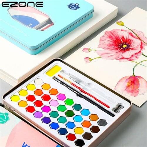 EZONE 36 Colors Solid Watercolor Paint Set Pole Brush Pen Set Water Brush Gouache Pigments School Art Stationery School Supplies