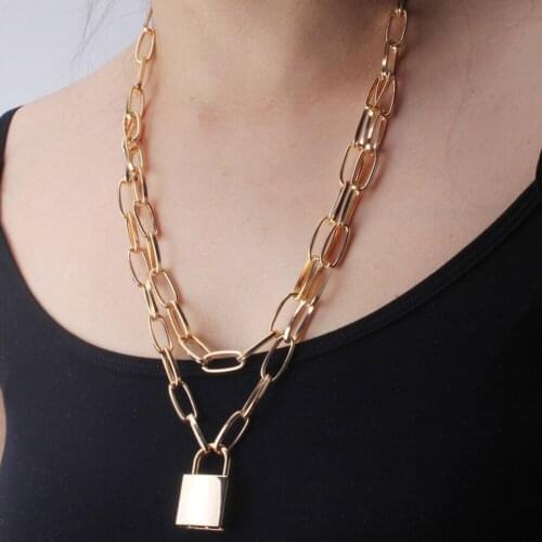 Stainless Steel Double Layer Key Lock Necklace Punk Link Chain Padlock Pendant Necklace Hiphop Women Men Fashion Gothic Jewelry