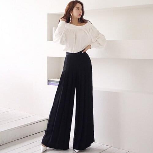 Office Lady 2 Piece Set 2021 Spring New Slash Neck Lantern Sleeve Shirt + Black Draped Wide Leg Pants Suit Business Casual Sets