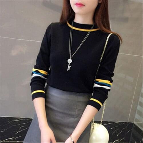 Autumn Black White Knitted Pullovers Sweater Women Elastic Stretchy Long Sleeve Basic Tops Korean Casual Pullover Feminino