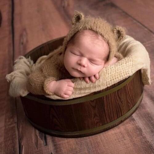 Baby Photography Props Vintage Wooden Basin Round Shape Box Newborn Infants Photo Posing Shooting Accessory