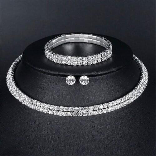 Luxury Elegant Double Layer Crystal Bridal Jewelry Sets Silver Color Alloy Rhinestone Stud Earring Necklace Sets For Women Gift