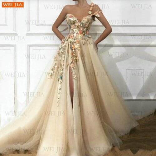 Sexy Champagne Prom Dresses 2021 Long Vestidos De Fiesta Appliqus 3D Flowers Side Split Tulle A Line Women Party Gown Graduation