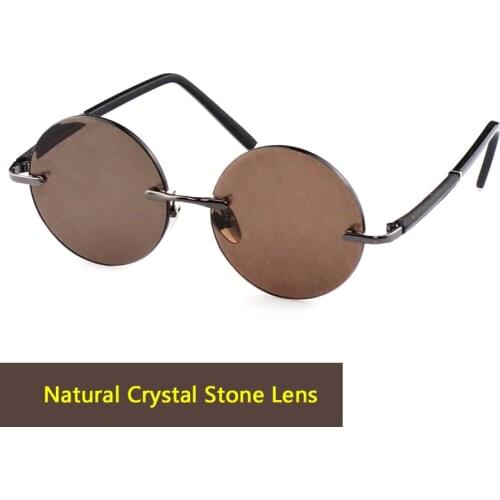 Vintage Round Punk Sunglasses Man Natural Crystal Stone Lens Sun Glasses Rimless Glass Goggles Woman Anti Eye Dry Scratch UV400